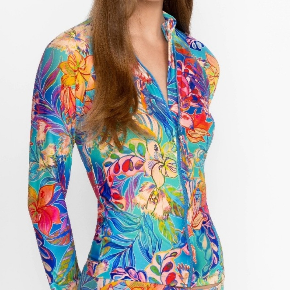 Johnny Was Helena Vibrant Blue and Pink Long Sleeve Fill Zip Surf Shirt NWOT